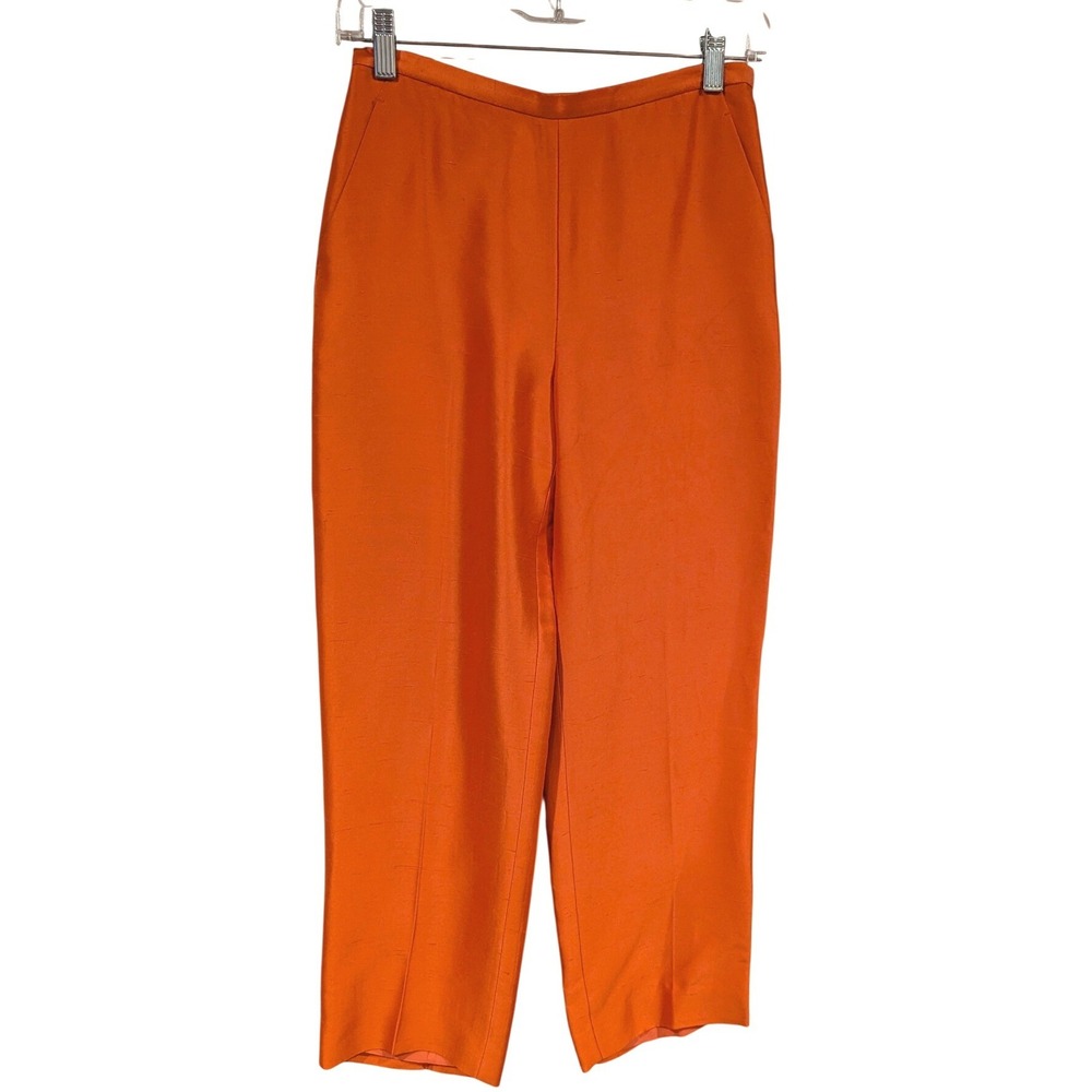 Ann Taylor Orange 100% Silk Trousers Straight Leg High Rise Pants Womens Size 2